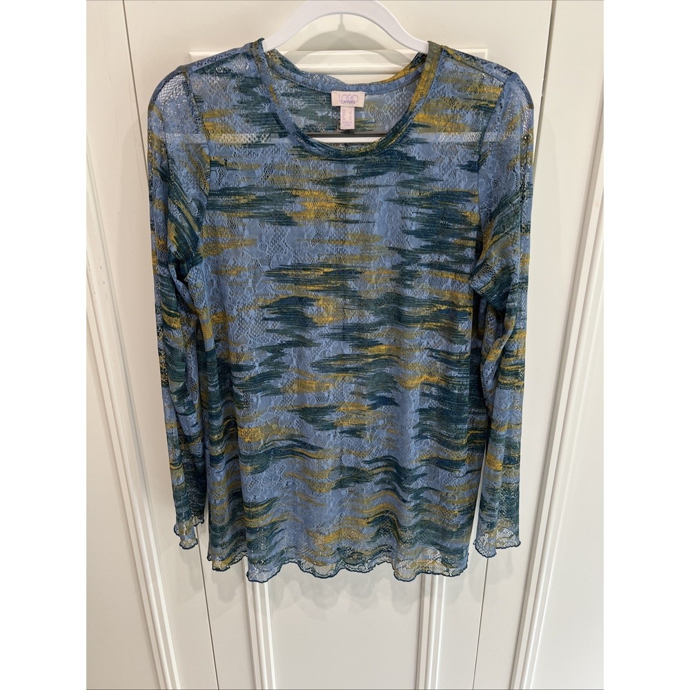 Logo Layers By Lori Goldstein Stretch Lace Long Sleeve Top Camo Sheer